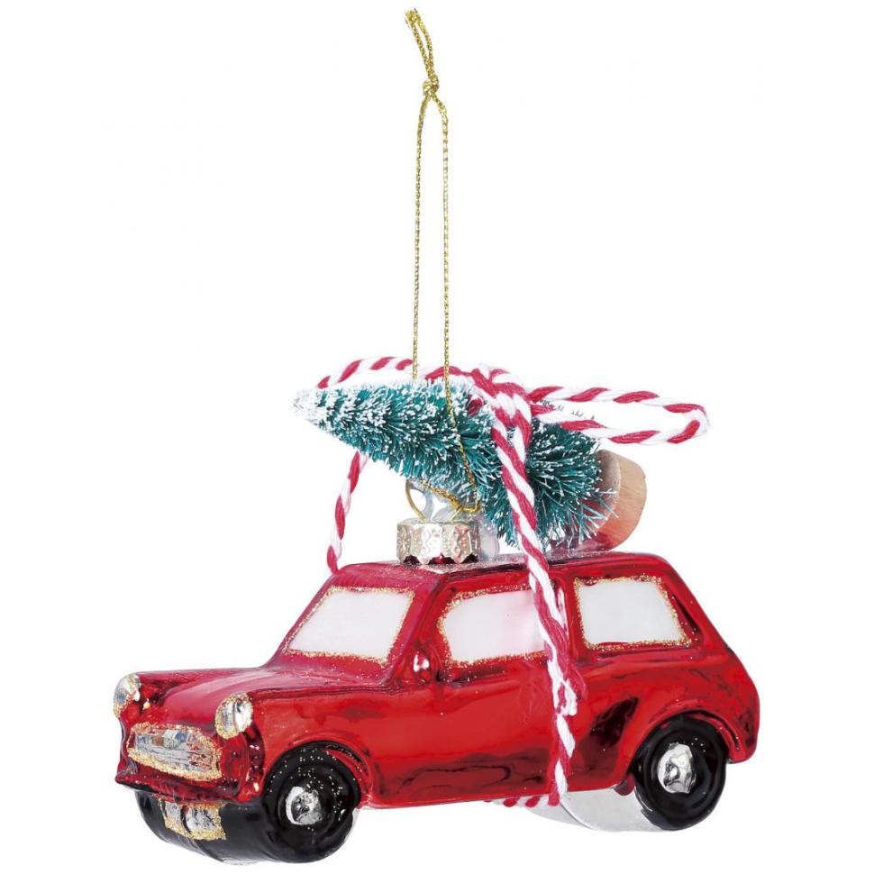 ガラスオーナメント　ツリーを乗せた赤い車　RE