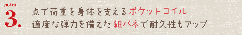 点で荷重を身体を支えるポケットコイル適度な弾力を備えた組バネで耐久性もアップ
