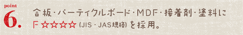 合板・パーティクルボード・ＭＤＦ・接着剤・塗料にＦ☆☆☆☆（JIS・JAS規格）を採用